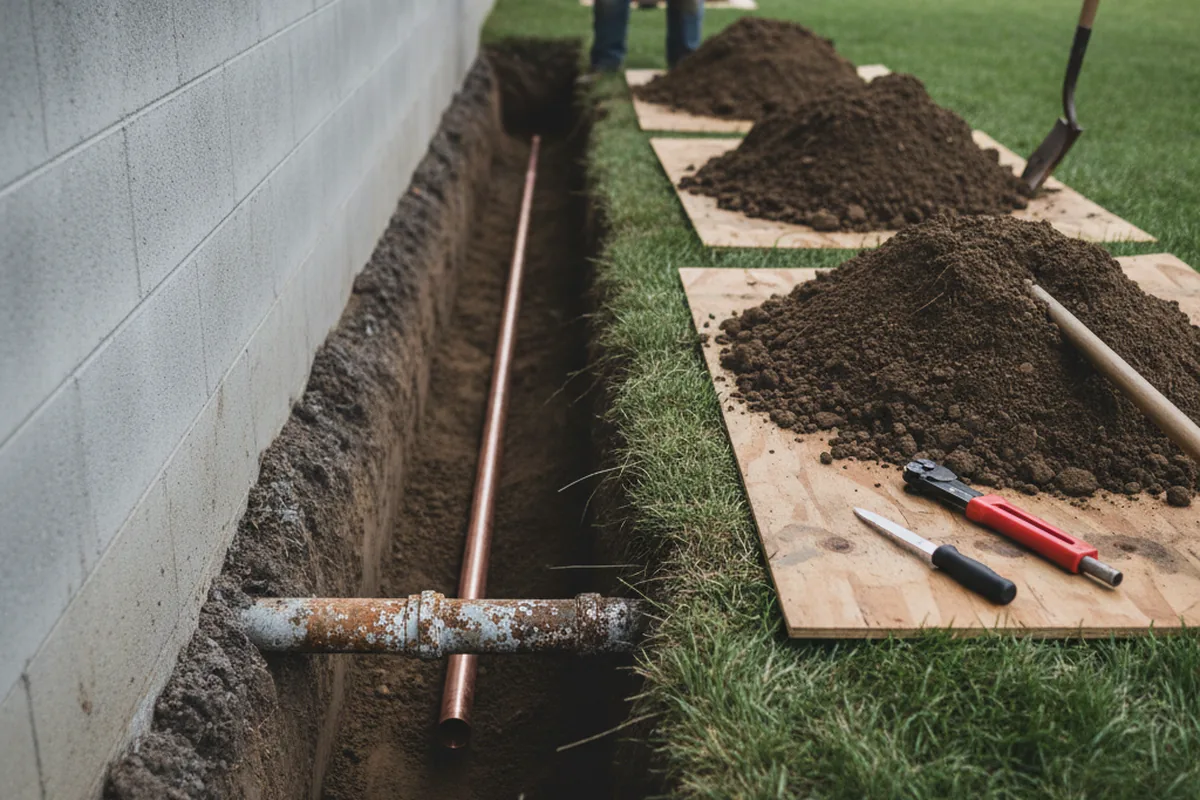 Excavated water line trench during Sewer Line Repair in Claremont